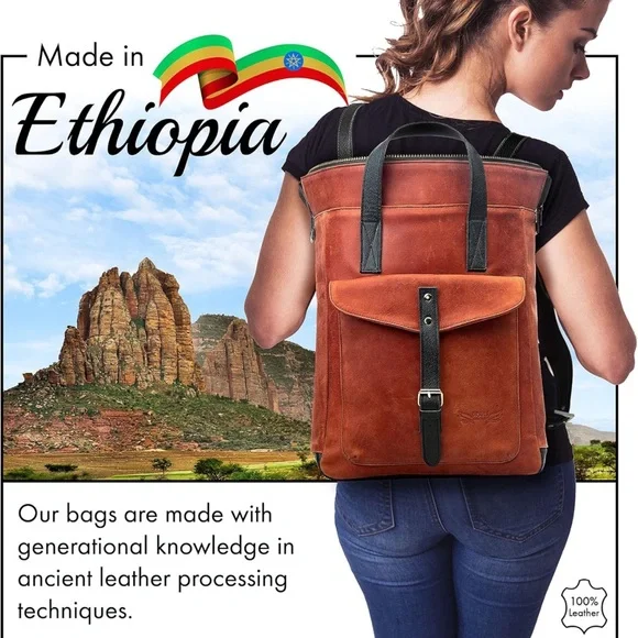 ORNA'S • Red Cognac Leather Backpack Bag Chic Contemporary - Picture 5 of 6